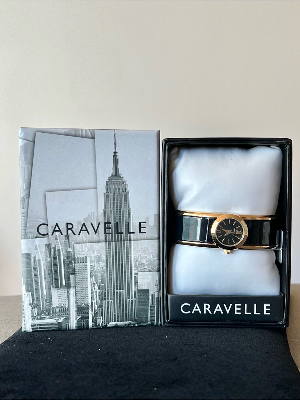 Caravelle New York Ladies Black Dial Black & Gold Cuff Steel Watch